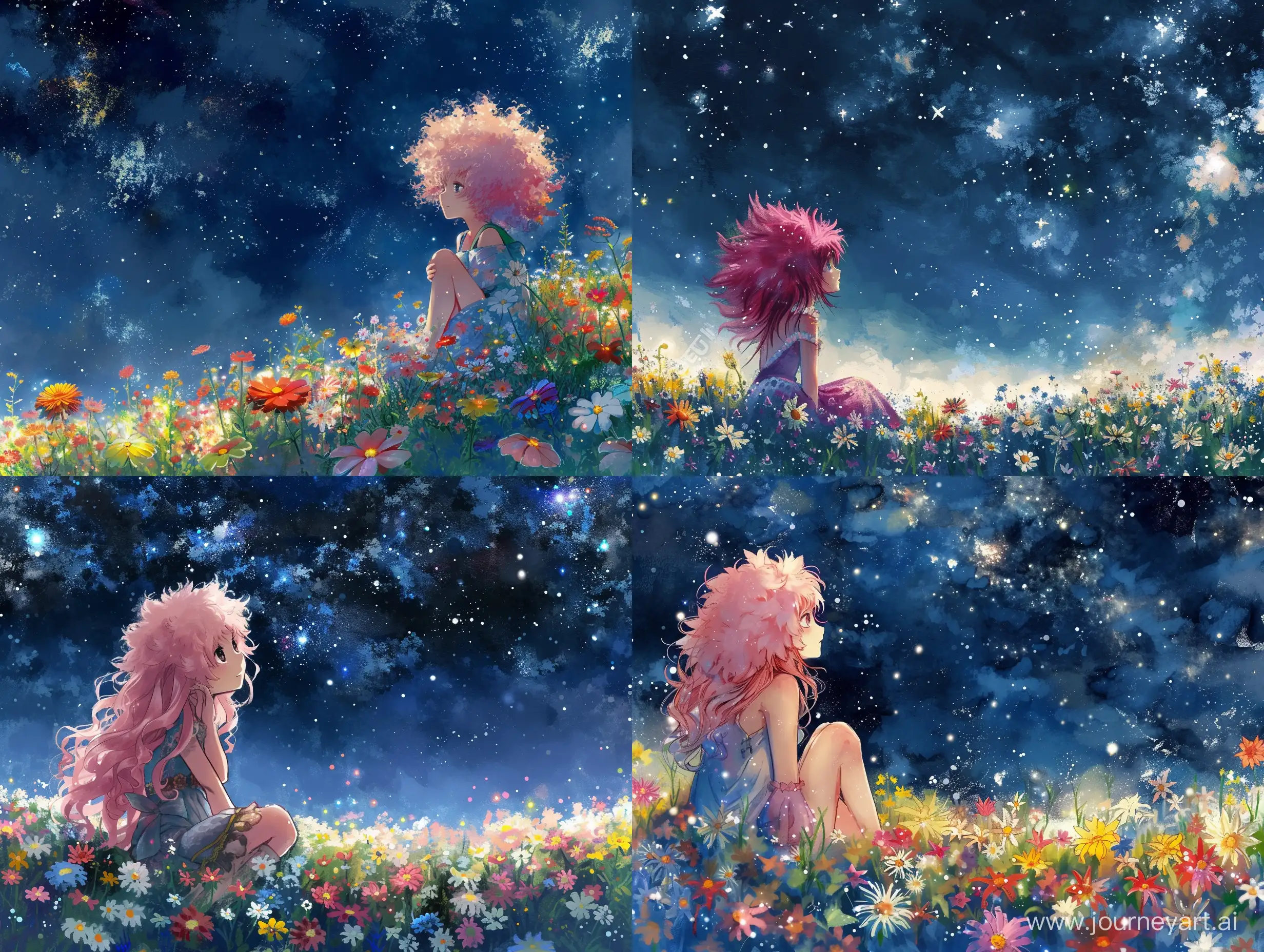 A cute anime girl with fluffy pink hair, sitting in a field of flowers under a starry night sky, Makoto Shinkai, pastel, water paint, Dynamic