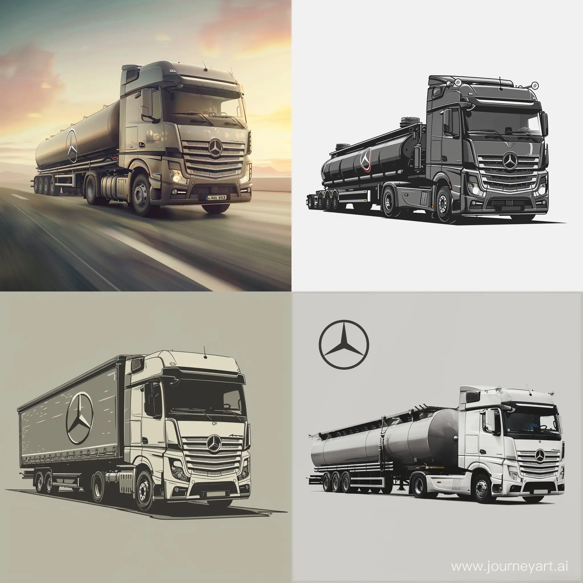 Logo, large Mercedes truck with gas trailer, driving forward, side view, minimalism