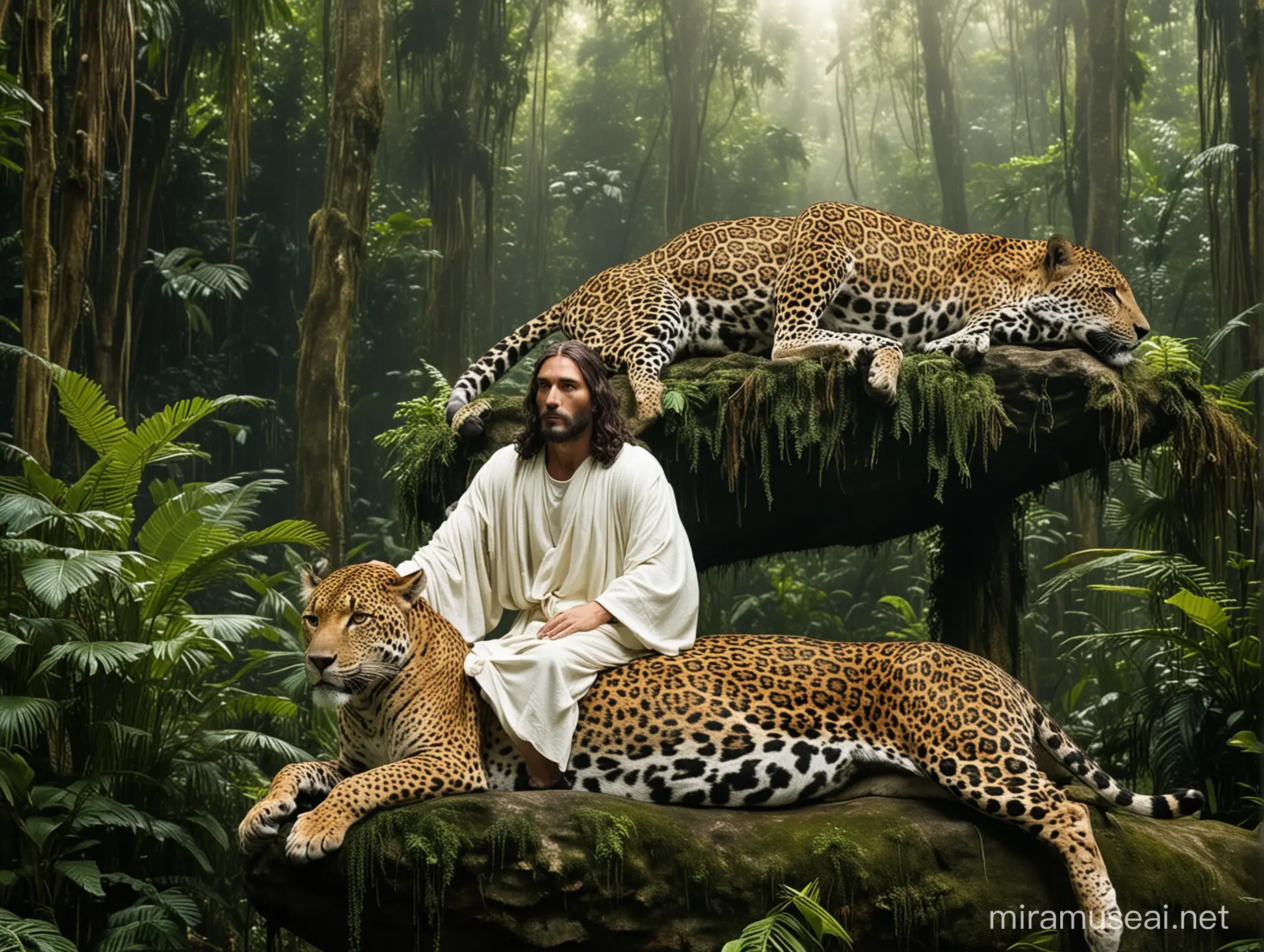 jesus christ sitting on a jaguar in the rainforest