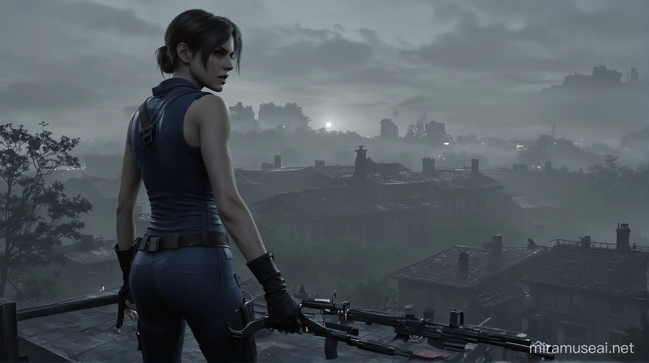 Resident Evil Heroine Jill Valentine Battles Nemesis on a Foggy Rooftop