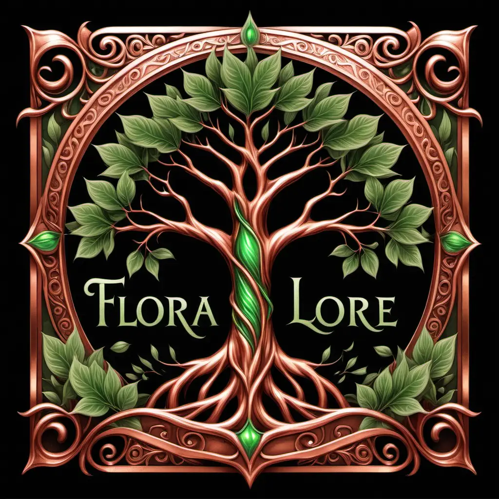 Flora Lore Copper Tree Tincture Company Logo with Metallic Green Leaves