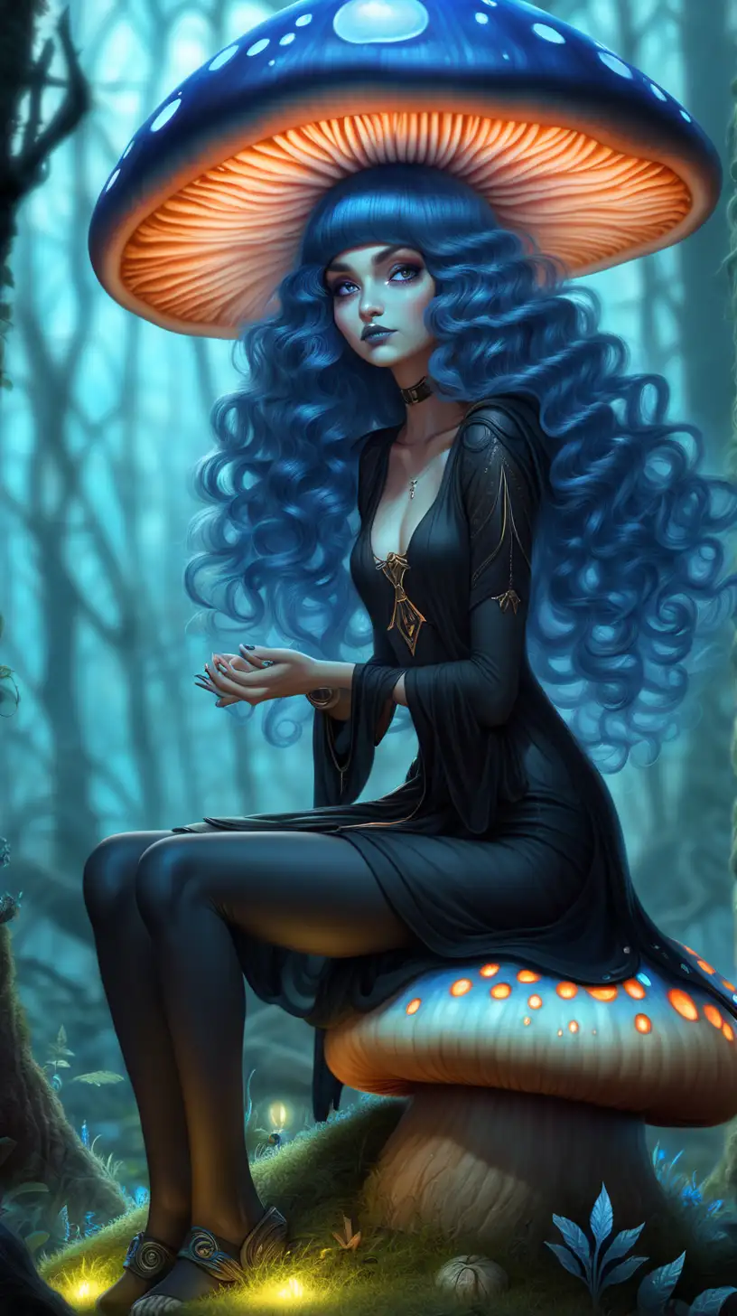 large glowing mushroom forest, black witch with long blue curly hair sitting on a mushroom
