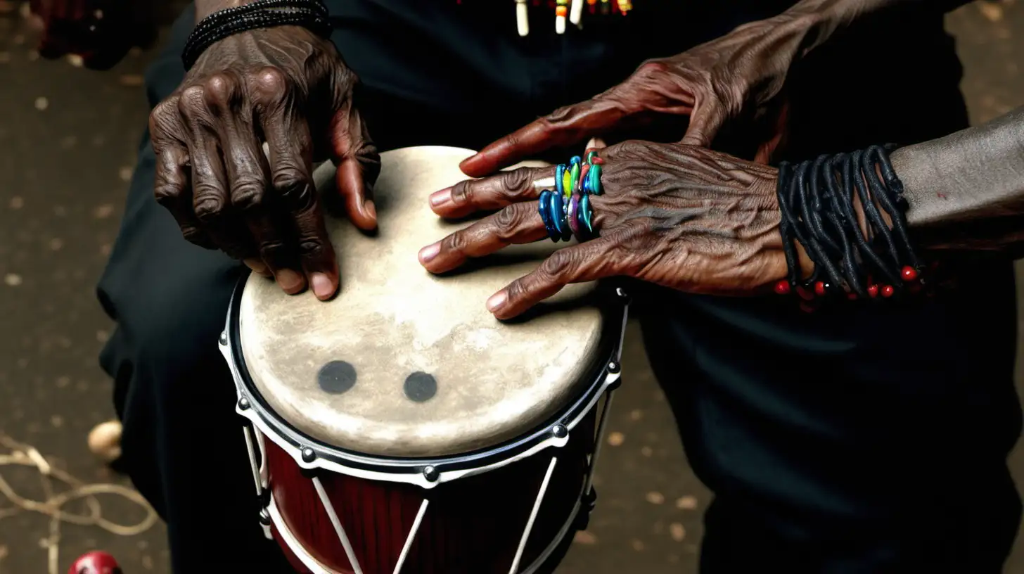 Hands Playing Voodoo Drum Amidst Mystical Surroundings