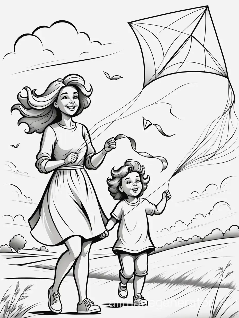 coloring page for kids, A mother and child with a kite on a windy day cartoon style low detail,no shading