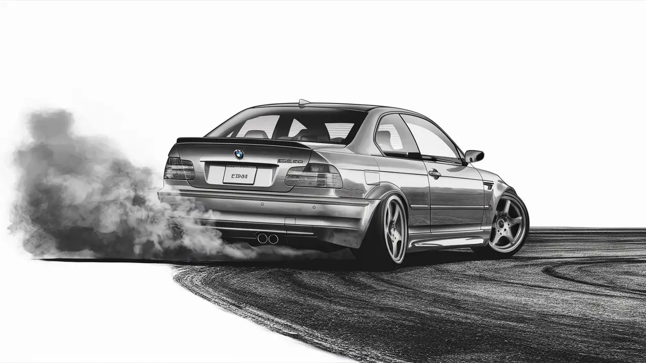 black and white Drawing, look from behind of bmw e46, drifting ,smoke under tires, no background, only vector outline