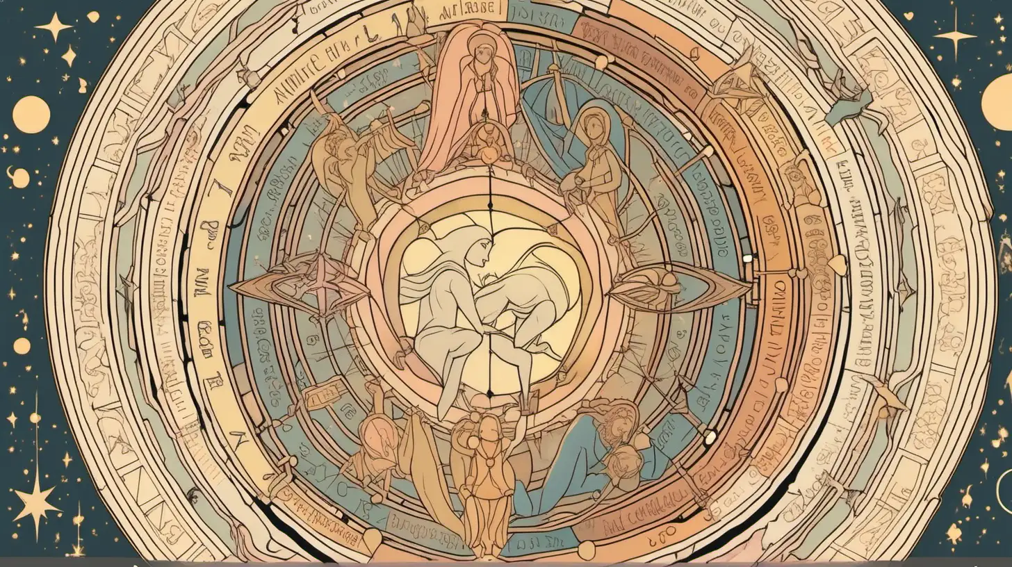 astrological wheel with divine love couple, muted colors, loose lines