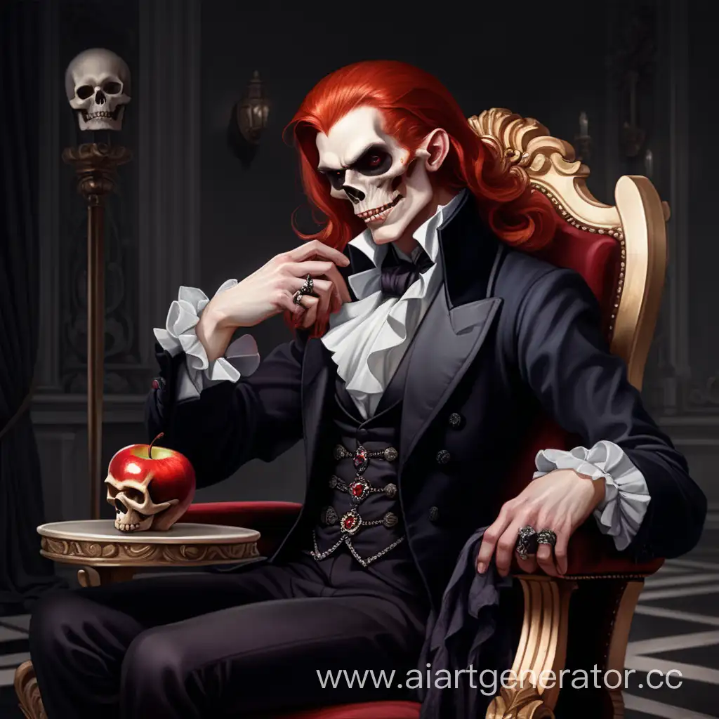 A distraught red-haired vampire in elegant clothes, sitting on a luxurious chair, holding an apple in his right hand, and a skull in his left hand.