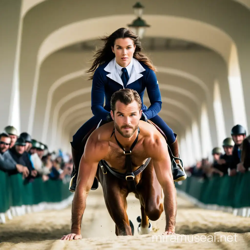 Open place, trotting track. Young female equestrian rider, riding on the back of 25-year-old actor Chris O'Donnell. O'Donnell, 25 years old, very short beard, athletic, shirtless, hairy chest and body, rag briefs, serious look. Young woman equestrian rider, in clothes for riding.
