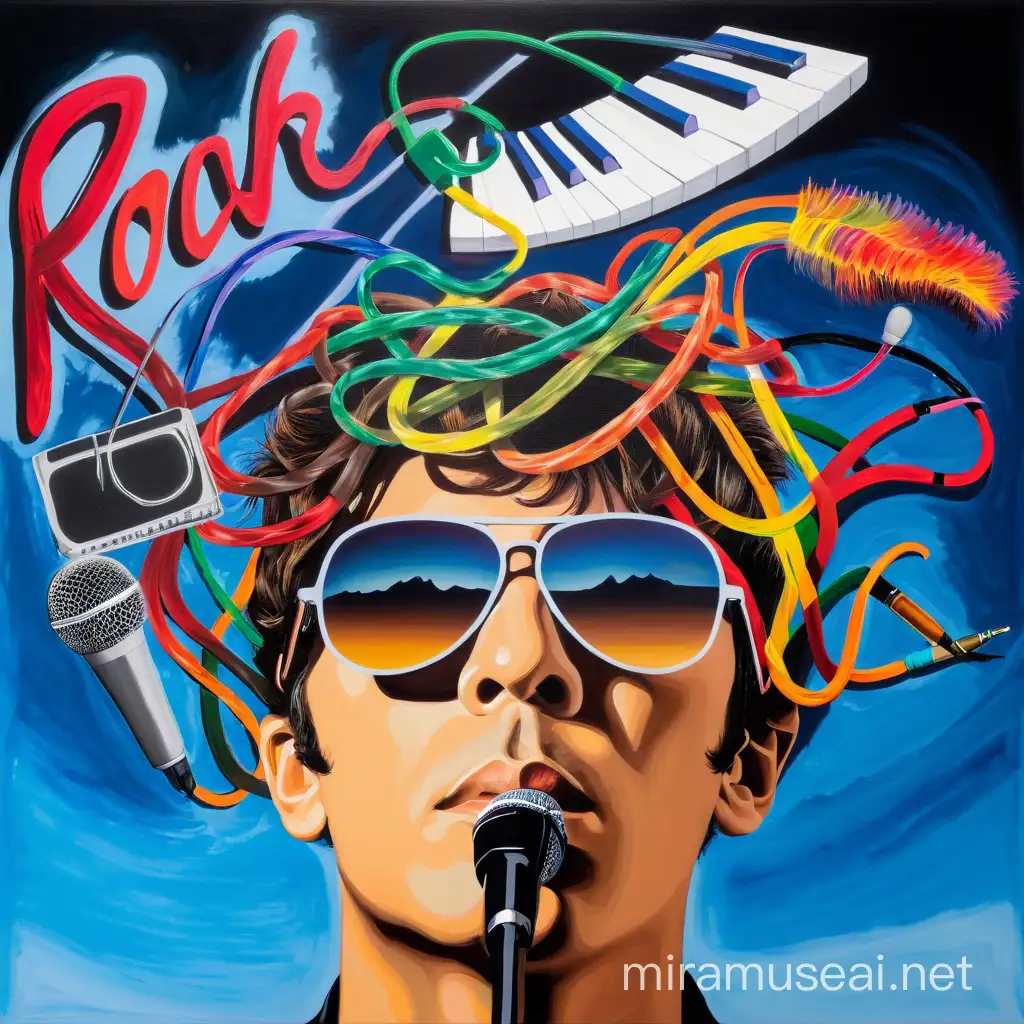 an artwork made with paintbrush with sunglasses with cables of several colors and amicrophone and a keyboard surrealistically displayed as it was his hair 