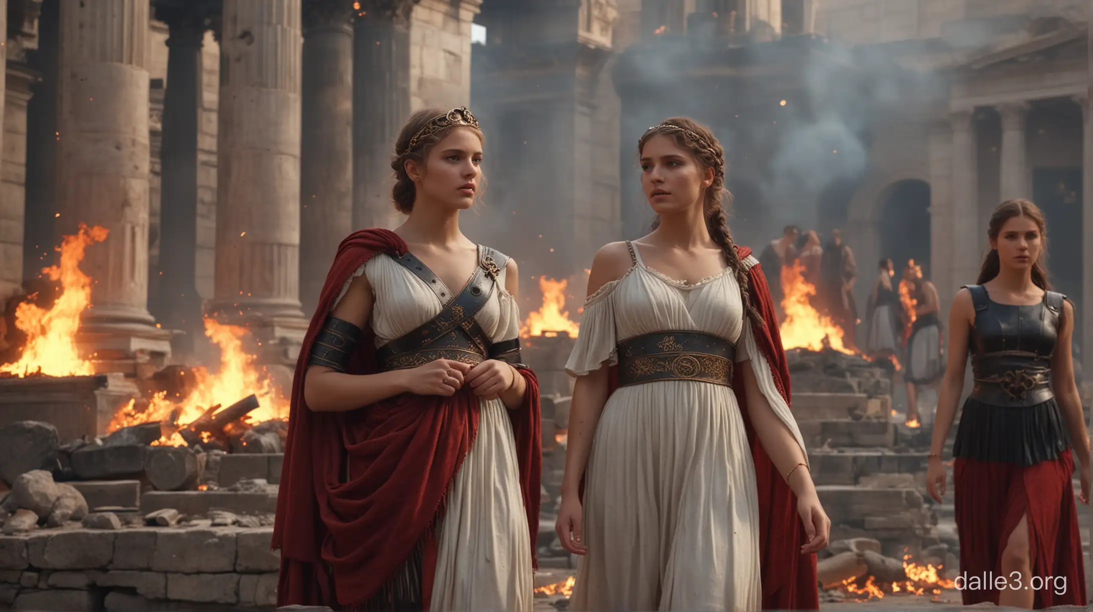 Roman Emperor Nero and very beautiful teenage girls in scant Ancient Roman clothes, burning Ancient Rome as background, ultrarealism, detailed, 8k