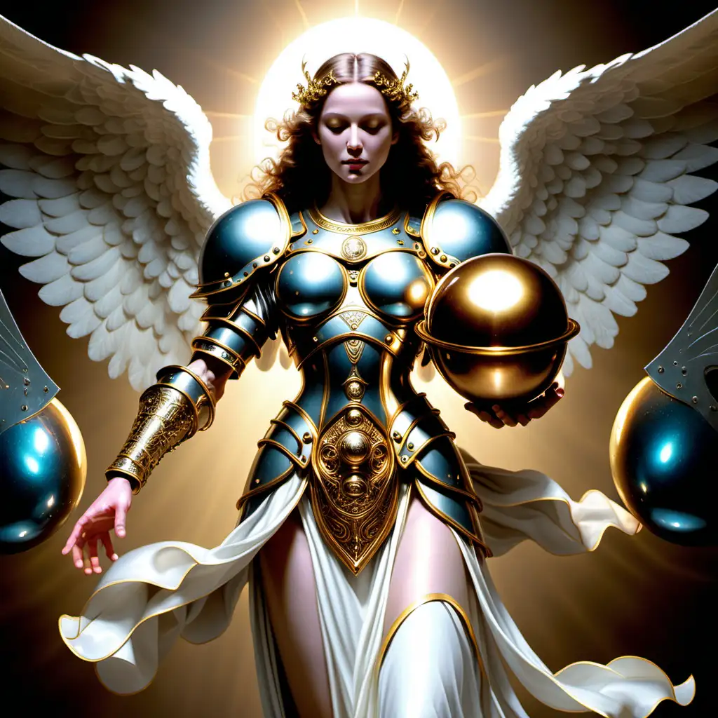 an godly angel with godly armor holding spherical magnetic goodly item