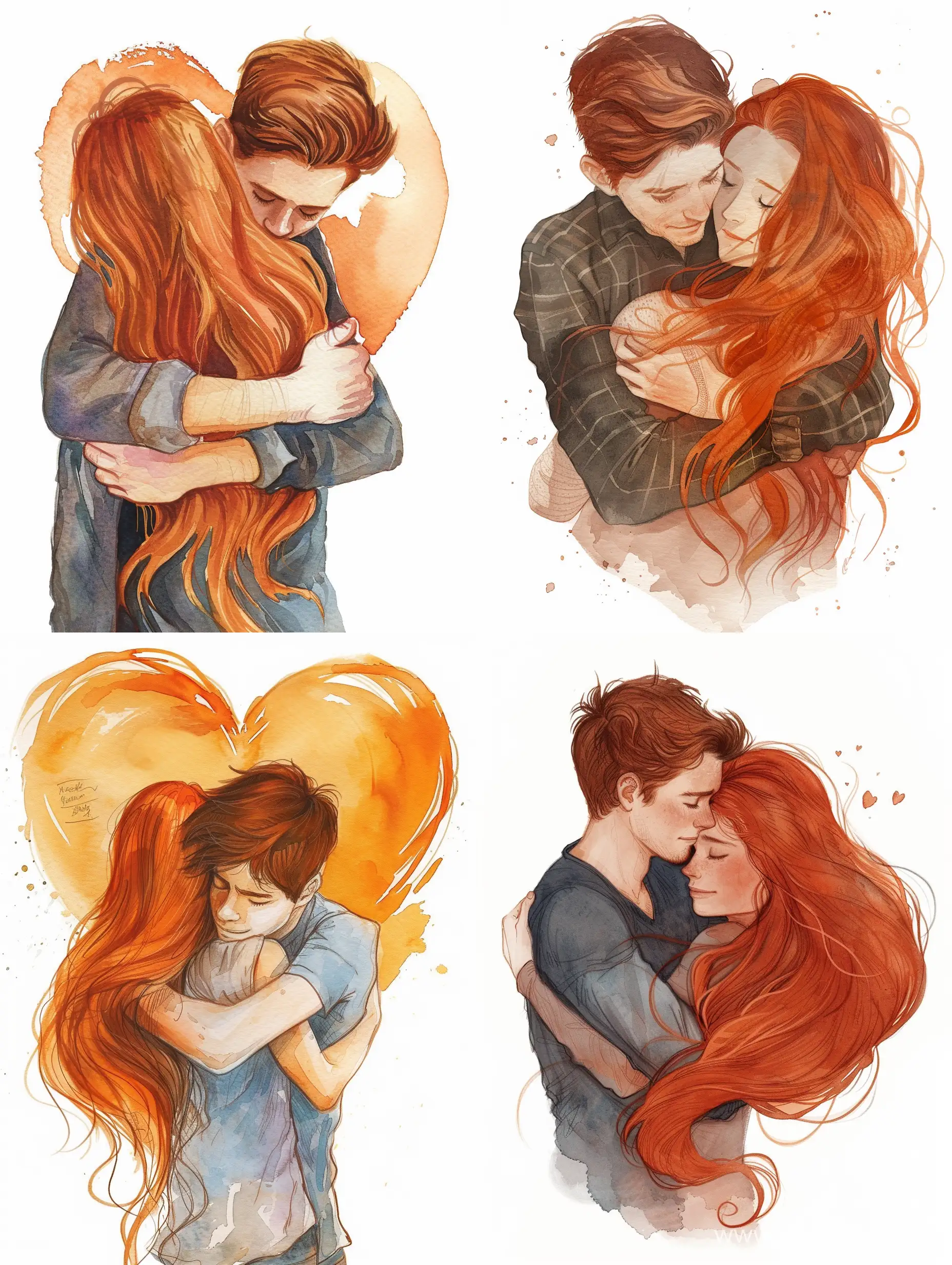 парень брюнет обнимает девушку, Длинные рыжие волосы, красиво, форма сердце, белый фон, акварель, иллюстрация, обложка книги