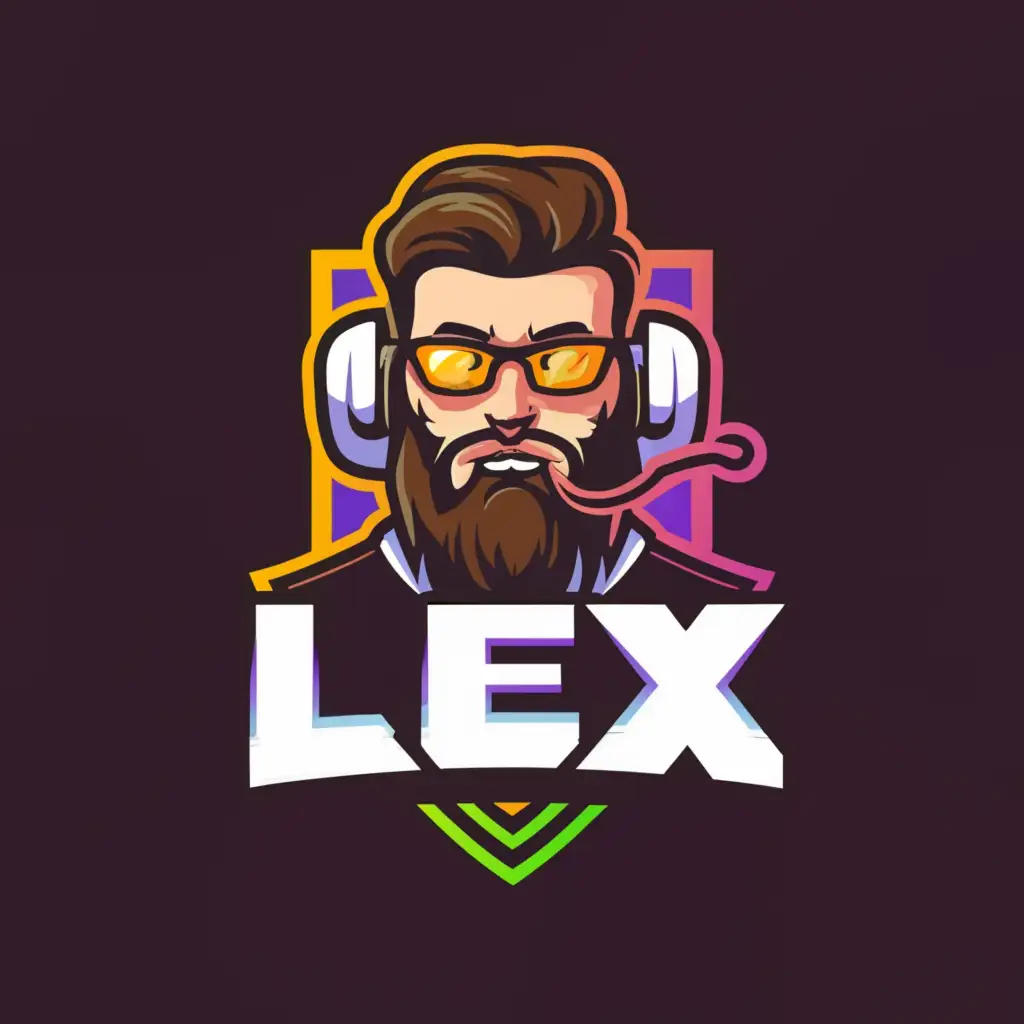a logo design,with the text "LEX", main symbol:bearded gamer in glasses named LEX,Умеренный,be used in Развлечения industry,clear background