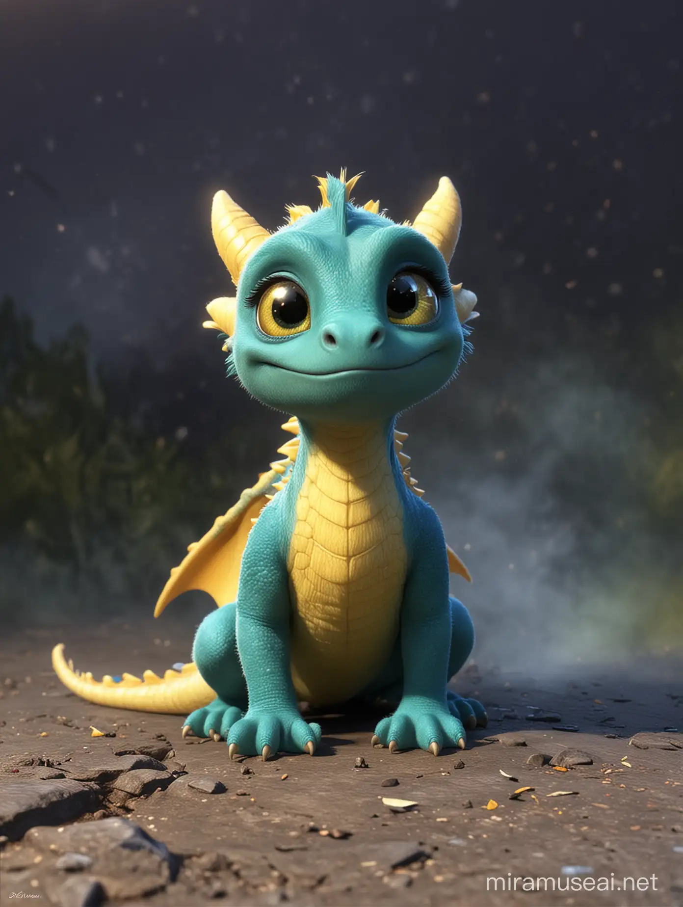 Art style: Pixar Animation
Subject: Sparky, a baby dragon
Description of Sparky: Small, with colorful scales that shimmer in shades of blue, green, and yellow. Sparky has large, expressive eyes filled with sadness.
Sparky the baby dragon was different. Unlike his brothers and sisters who blew fiery whooshes that roasted berries, Sparky only puffed out little puffs of smoke. He felt sad and left out during firefly games, unable to light up the night sky like his siblings.