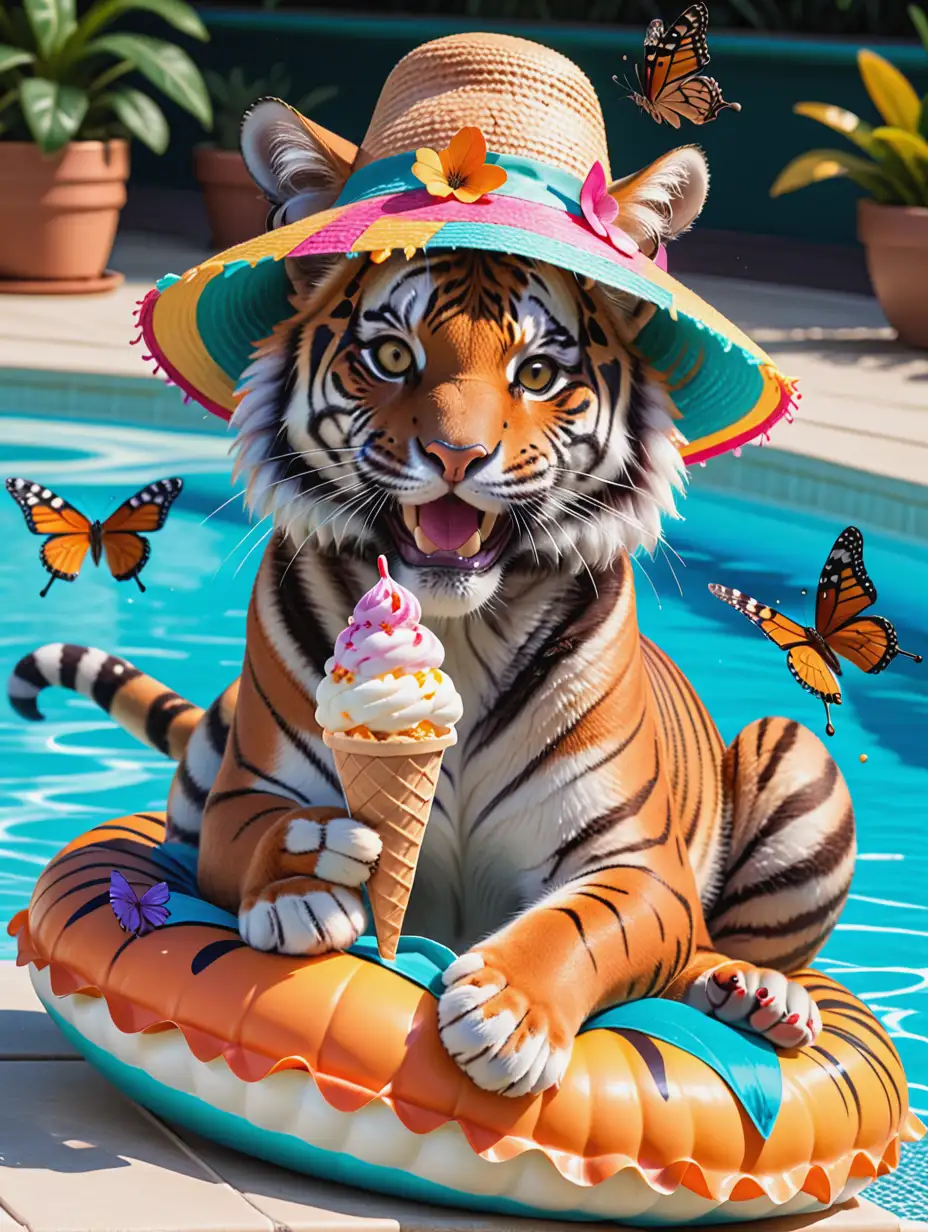 A smiling tiger eating an ice cream on a lilo on the pool with butterflies all around and a big colourful hat