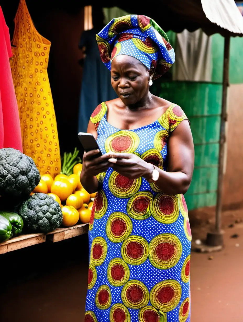 African mature vegetable seller standing in modest colourful dress reading a text message on mobile phone
