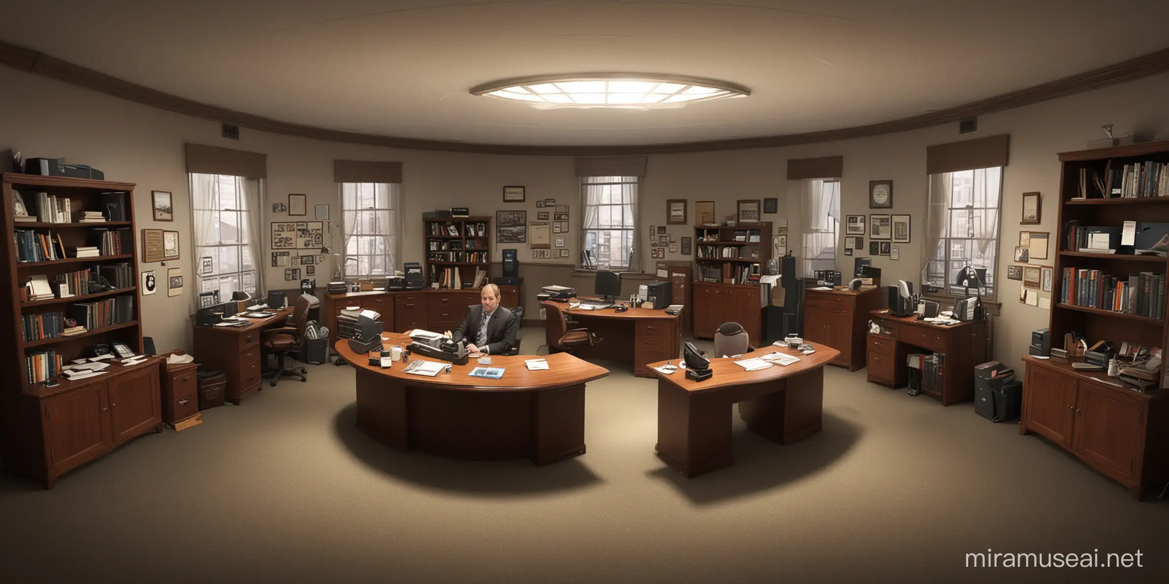 Create a 360-degree image of a detective's office with 3 detectives sitting on their seats and using desktops. make a real persons.