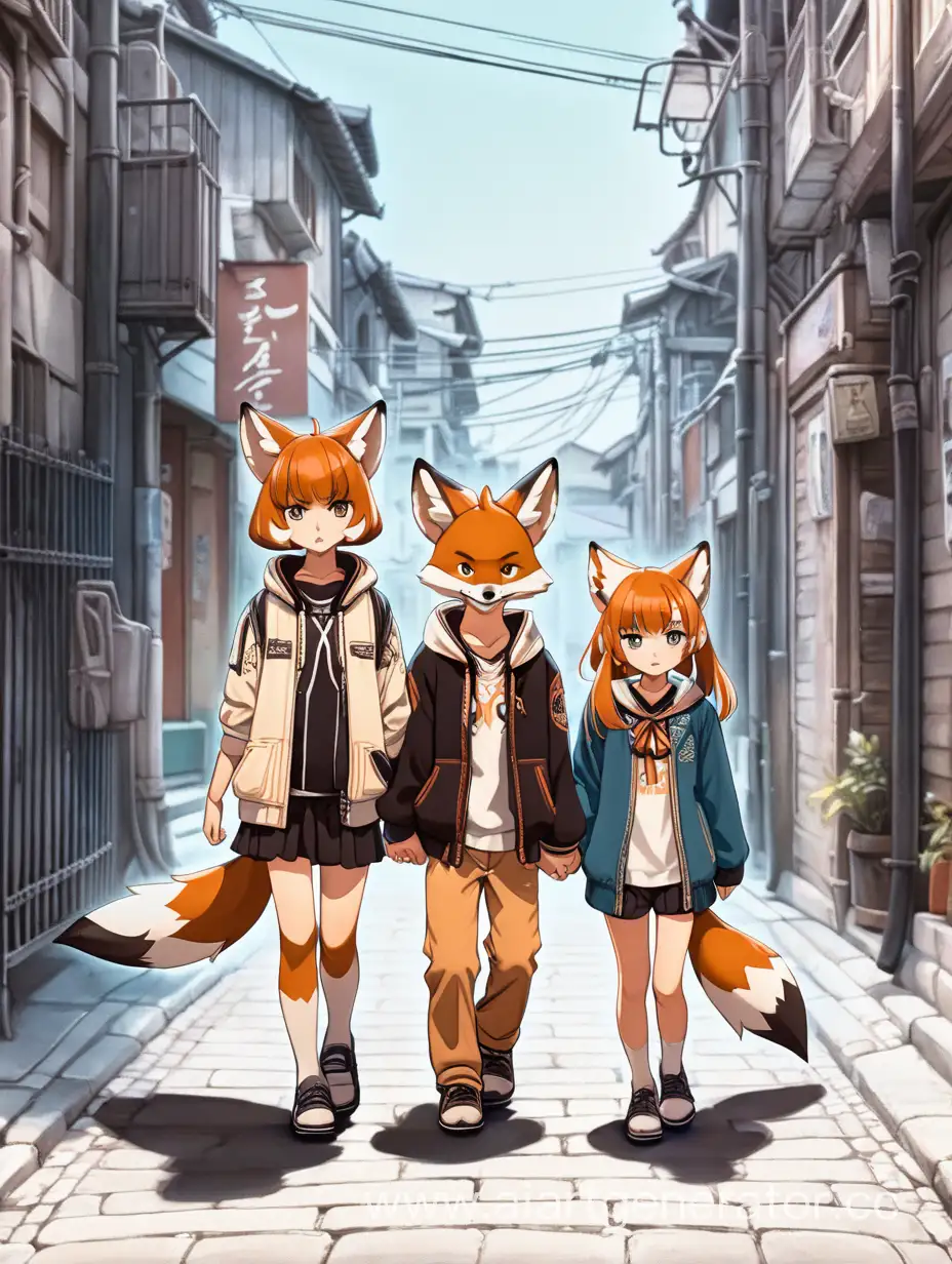 2 фенёка брат и сестра в стиле аниме идут по улице