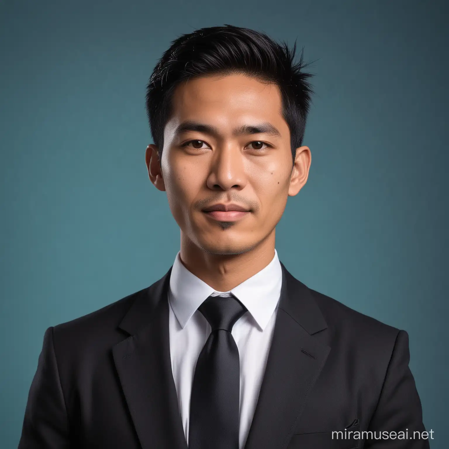 Stylish Indonesian Man in White Shirt and Black Jacket Against Blue Background