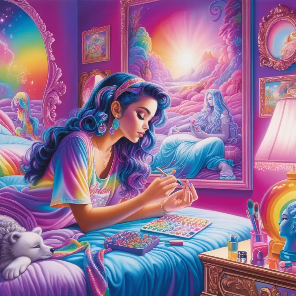tonal colors, art by lisa frank, enosis, young woman doing her nails in her ethereal bedroom, 