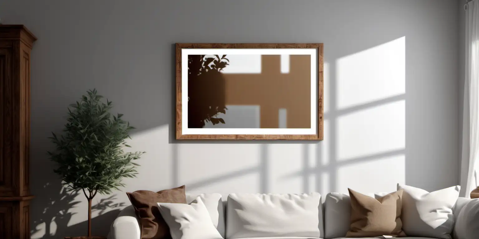 wooden poster white blank frame mockup, reflection, shadow overlay, cozy living room, farmhouse stlyle, warm room, 4K, exclude random objects,