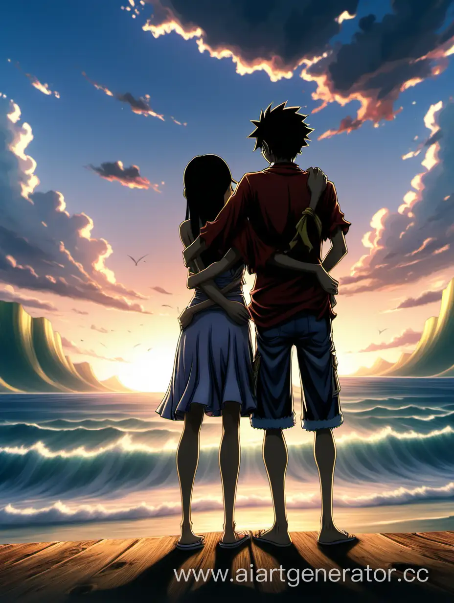 Monkey-D-Luffy-Embraces-Nico-Robin-at-Sunset-with-Roronoa-Zoro