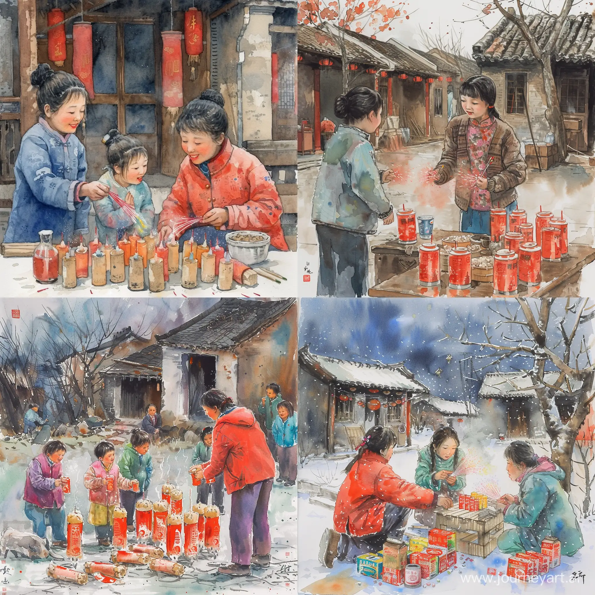 Chinese-Watercolor-Scene-Family-Reunion-and-Firecracker-Celebration-in-Northern-Small-Town