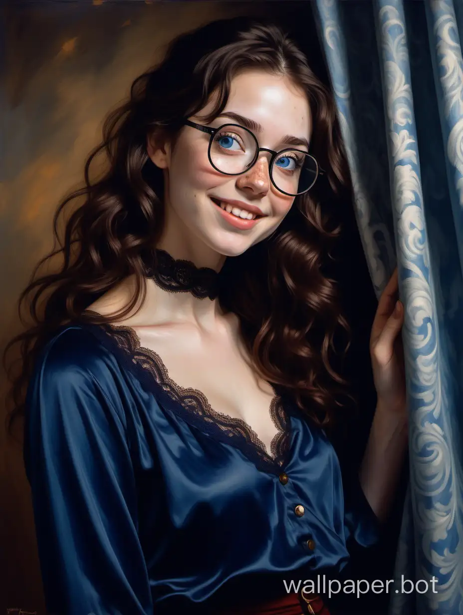 full body view, low angle view, painting of a beautiful young brunette woman posing shyly, we see her from below, she is pretty, she has bright blue eyes, wearing big wide-framed glasses, she has pale skin, she has lots of freckles, she has long dark brown hair parted in the middle that falls in curtains, she has curly blunt bangs, she has a beautiful innocent face, she is wearing a dark blue lace choker, wearing dark blue lace lingerie, embarrassed, smiling slightly, very cute, sharp jawline, cheek dimples, perfect, sense of wonder, warm colors, loose brushstrokes, Velazquez painting style