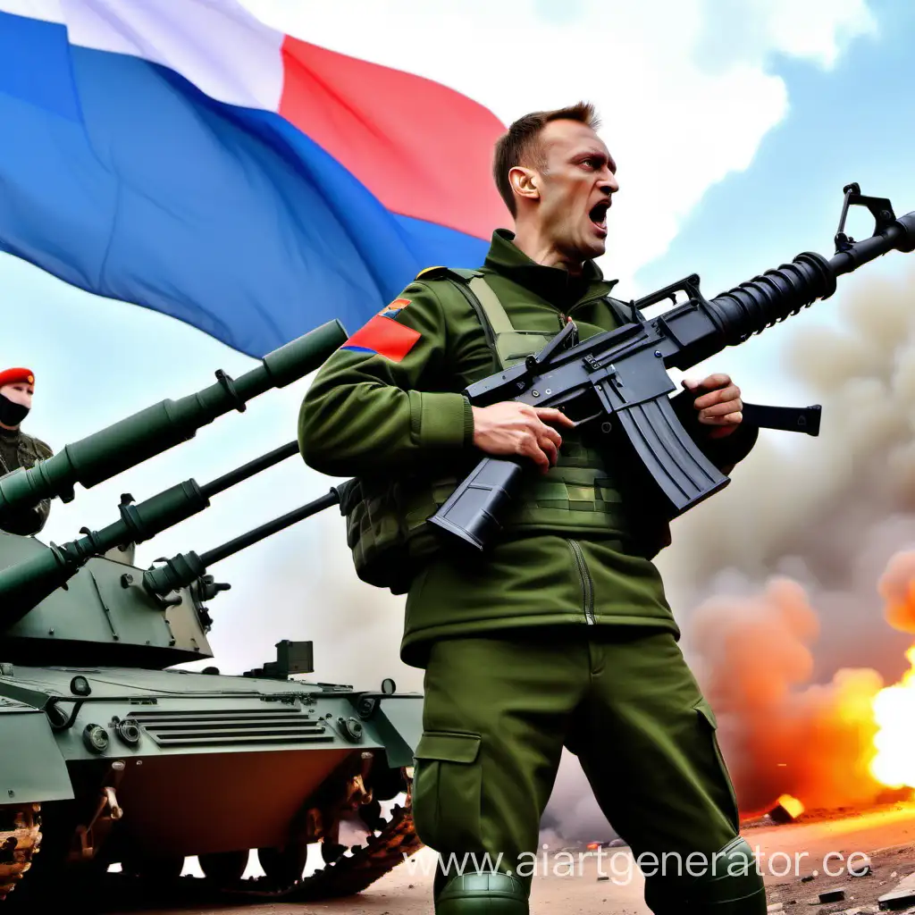 Алексей Навальный в форме российского сержанта стреляет из гранатомёта РПГ-7 в украинский танк.
На фоне цвета флага России