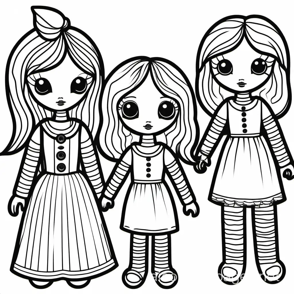 sweet but slighty eerie dolls with buton eyes ,bold lines ,white background, Coloring Page, black and white, line art, white background, Simplicity, Ample White Space. The background of the coloring page is plain white to make it easy for young children to color within the lines. The outlines of all the subjects are easy to distinguish, making it simple for kids to color without too much difficulty