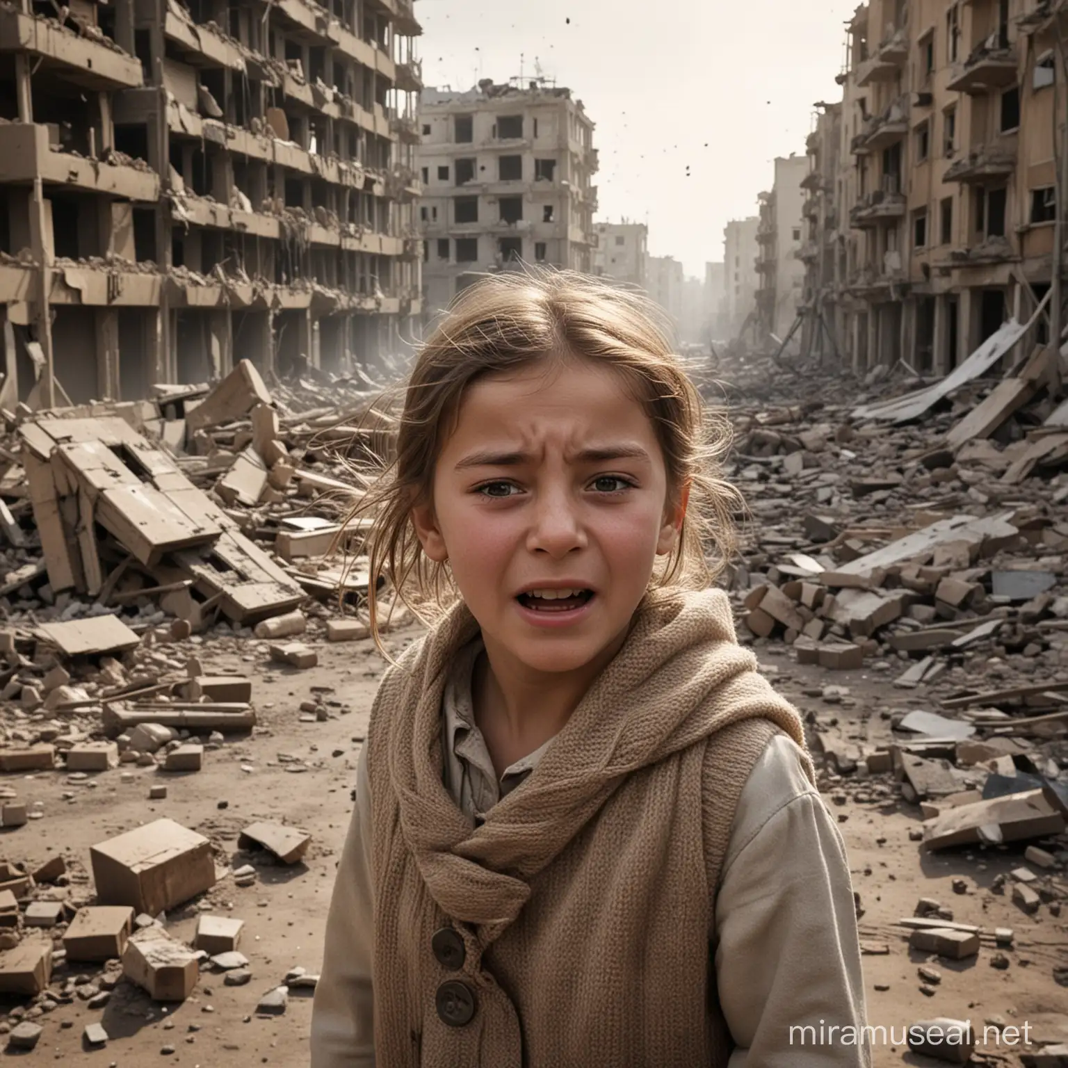 A young female child crying in a war area with bombs falling down and buildings destroyed.