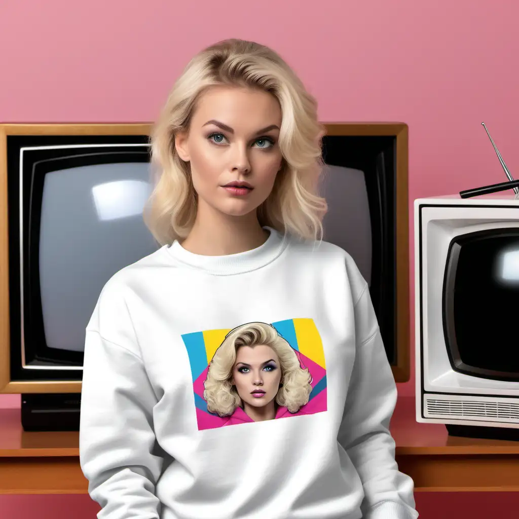 Blonde Female Model Wearing White Sweatshirt with Retro 80s TVs Background