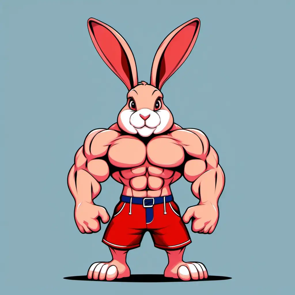 Muscular Cartoon Rabbit in Red Shorts