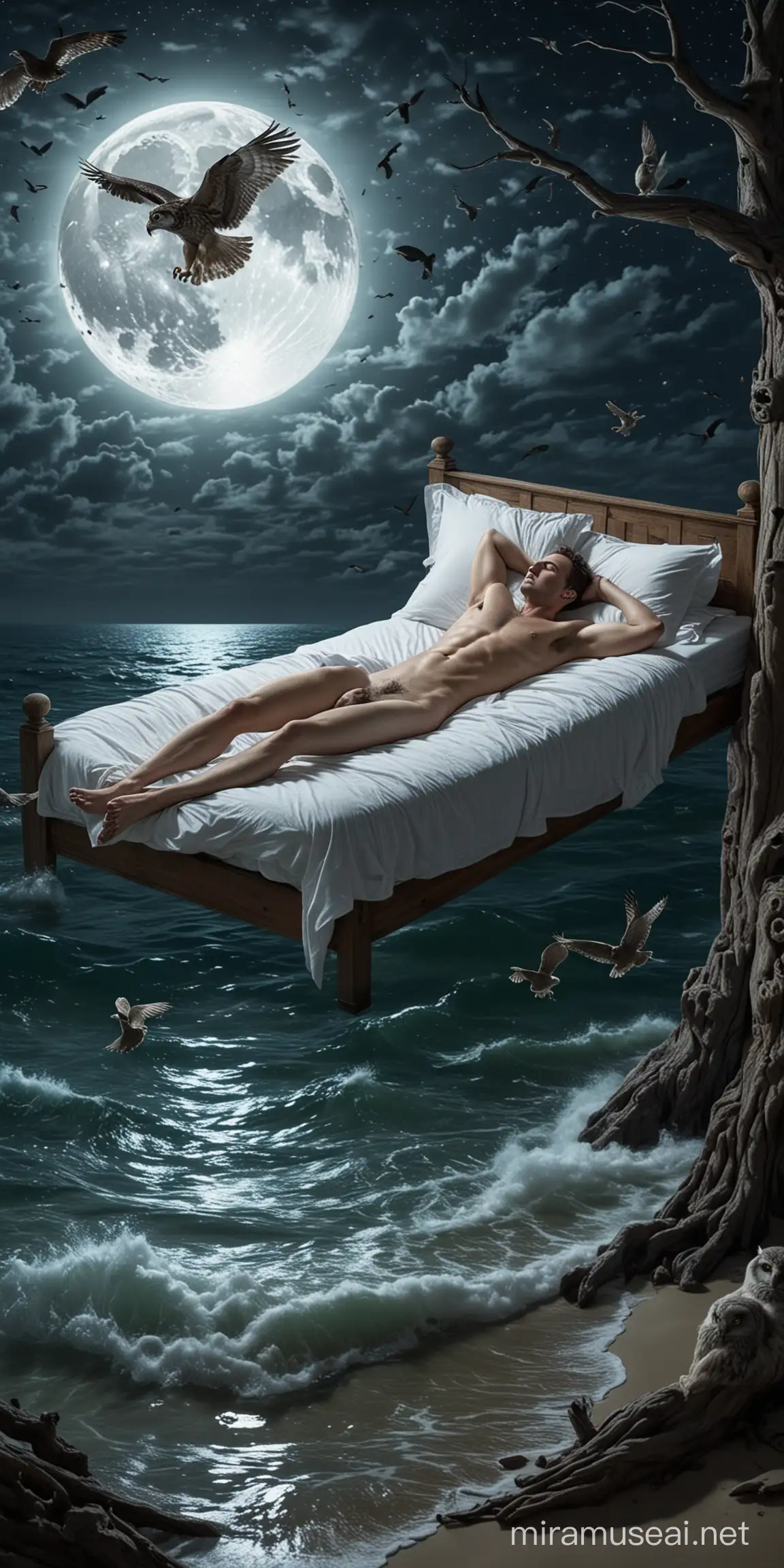 Rapaz deitado pelado em uma cama dormindo, flutuando no mar, sob um luar, observado por uma coruja voando