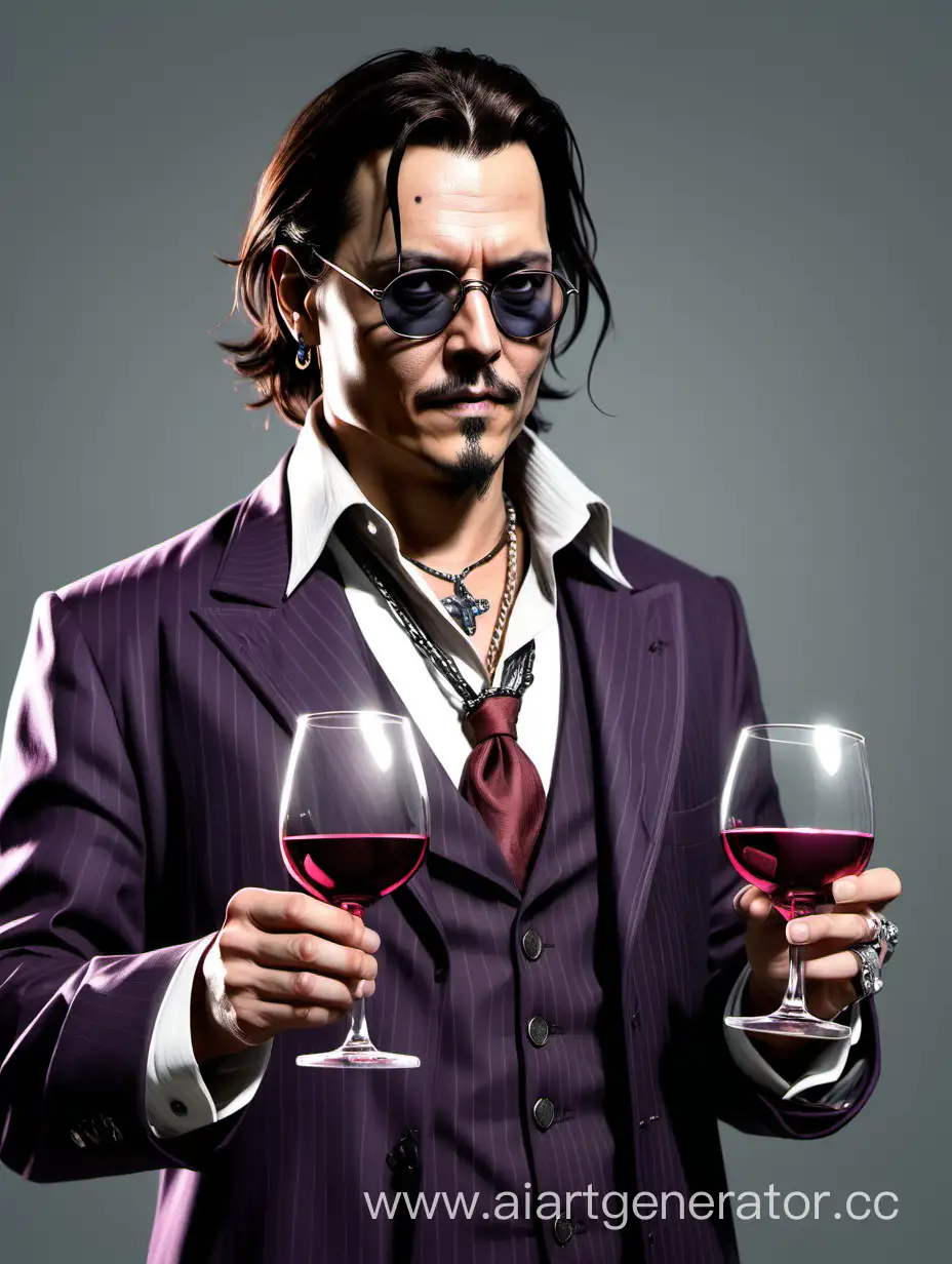 нарисуй мужчину похожего на джони депа в стиле гта онлайн в полный рост повёрнутый боком более реалистичнее c бокалом вина
