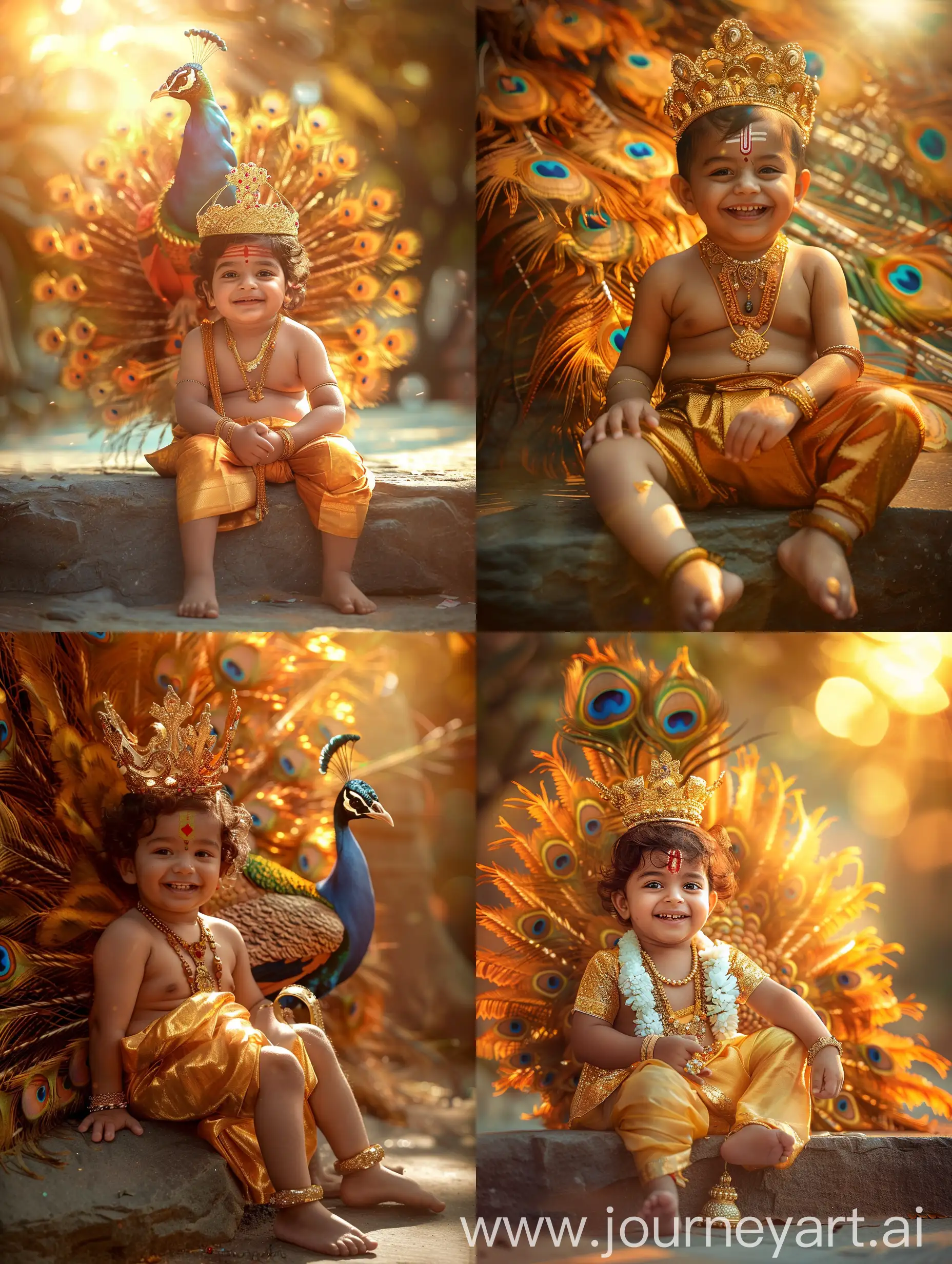 create a 3 years old real boy as realistic lord murugan , golden jarigai attire , crown on head , cute smile , sitting on stone , cinematic colour, sunlight shadow on behind , artistic peacock feather behind murugan, peacock full of orange shade colour, jewels , anklets , vel on murugan hand,  photorealistic 4k image