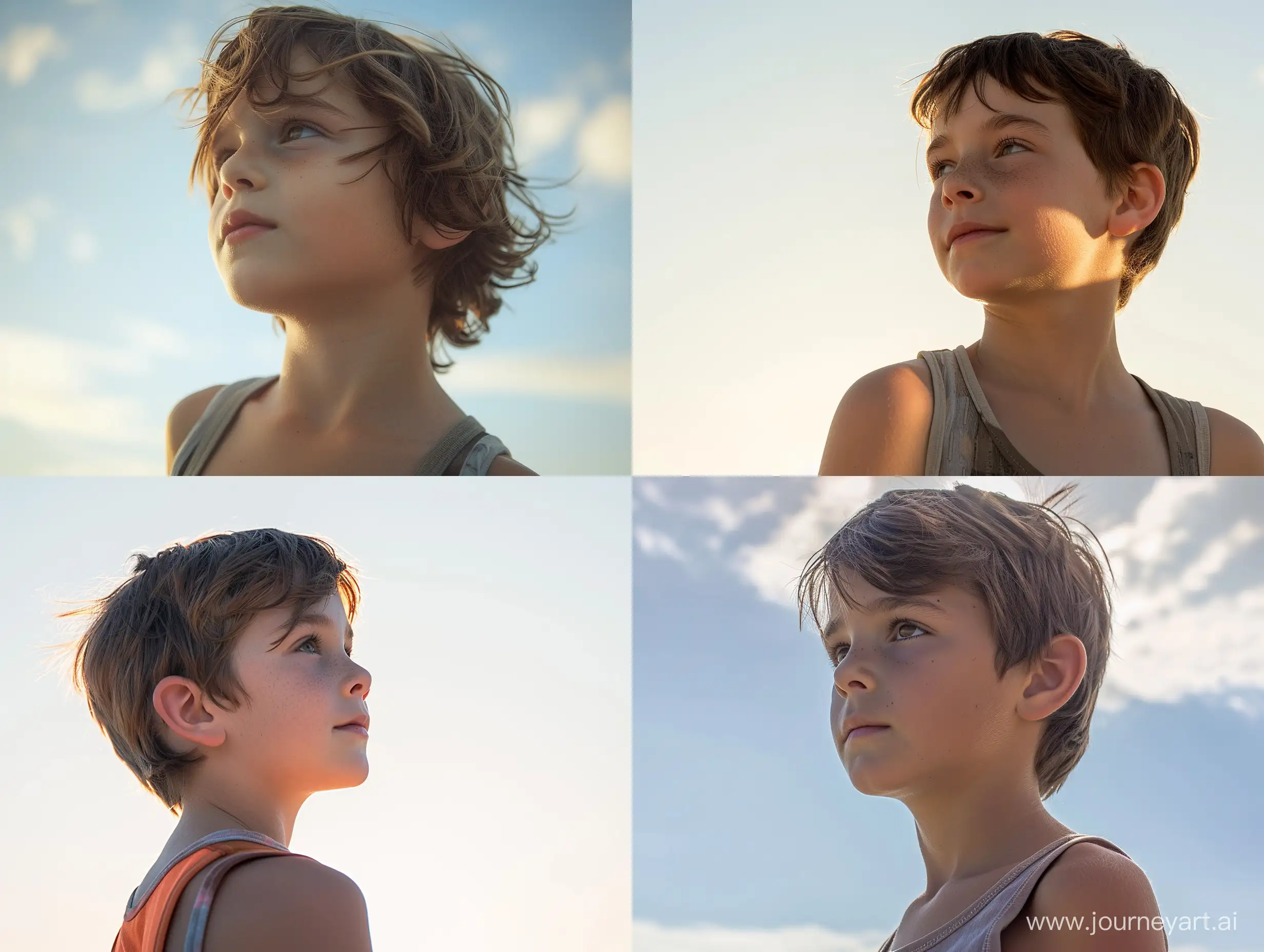  фото мальчика 11 лет, портрет по грудь с боку, анфас две четверти,одет в майку,смотрит в даль, на фоне неба, 