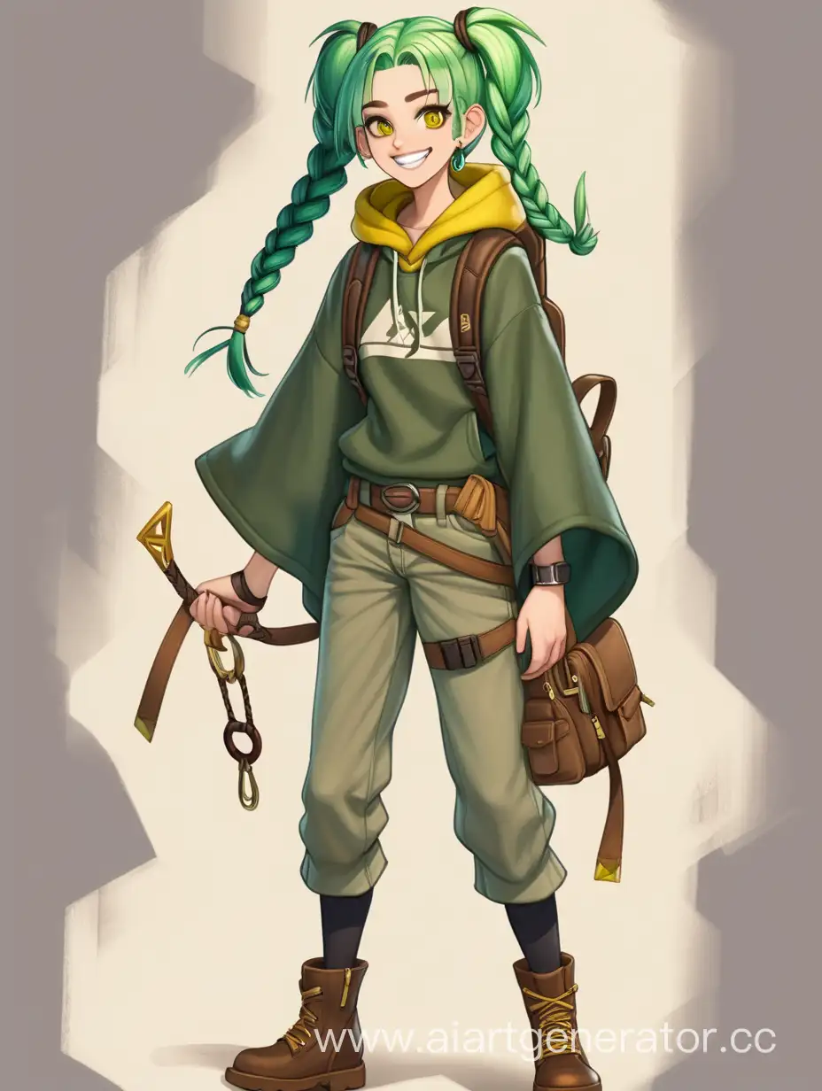 Character concept art: A teenage girl with green hair braided in two tails. With yellow eyes and a beautiful smile. She is dressed in a brown poncho and trousers, with black boots on her feet. He holds a slingshot in his hands, and a backpack on his back.