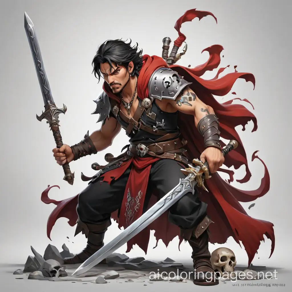 Male human sorcerer fighter with skulls and  tattoo’s and staff and longsword surrounded by magic. Dnd art style. Red and black colors., Coloring Page, black and white, line art, white background, Simplicity, Ample White Space. The background of the coloring page is plain white to make it easy for young children to color within the lines. The outlines of all the subjects are easy to distinguish, making it simple for kids to color without too much difficulty