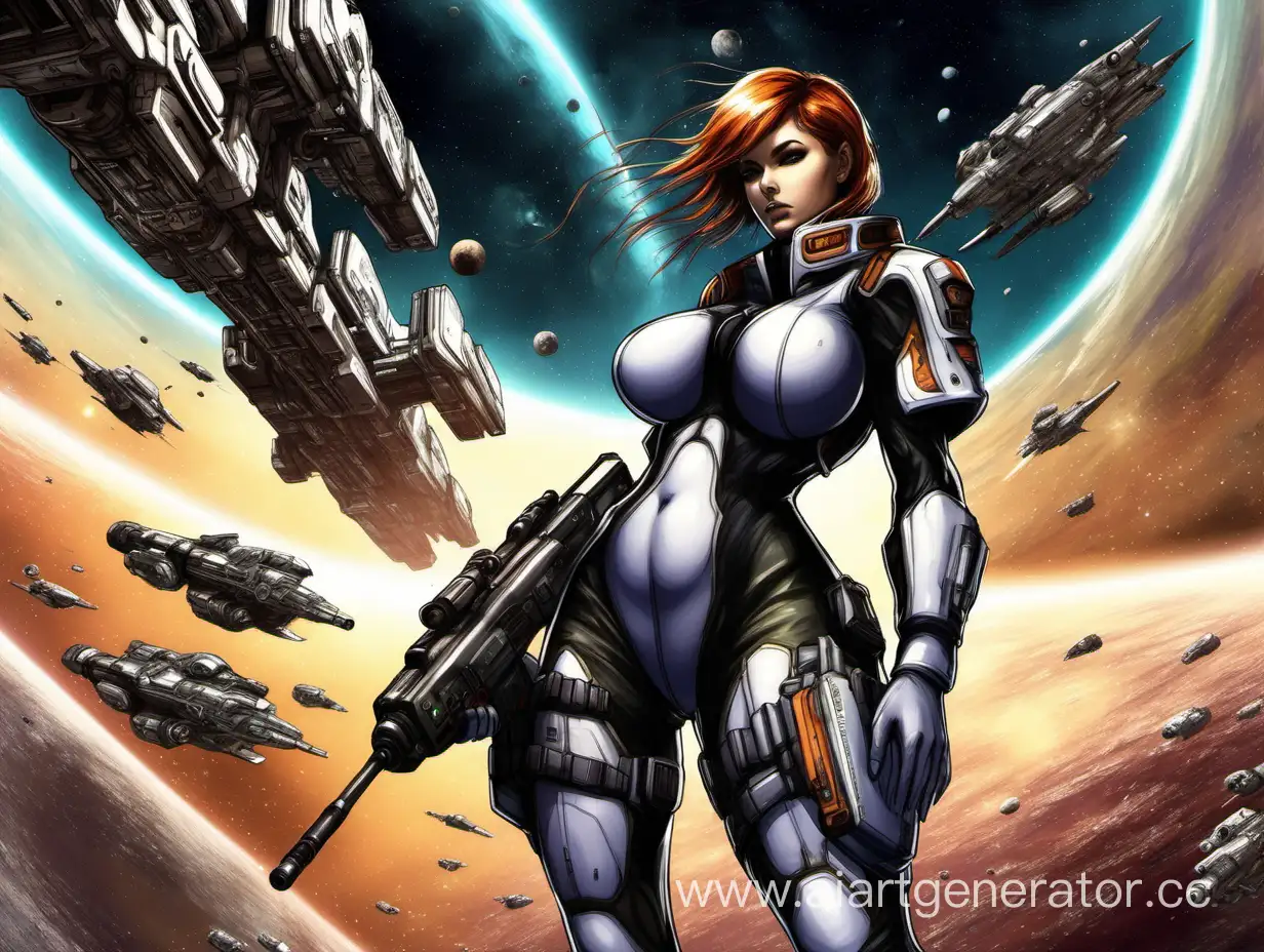 1 девушка, большие сиськи, космический корабль, обтягивающий боевой костюм, в руках винтовка гаусса
