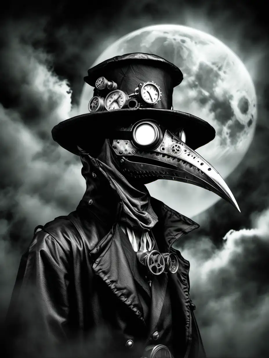 Steampunk Plague Doctor Gazing under a Full Moon in a Mysterious Greyscale Scene
