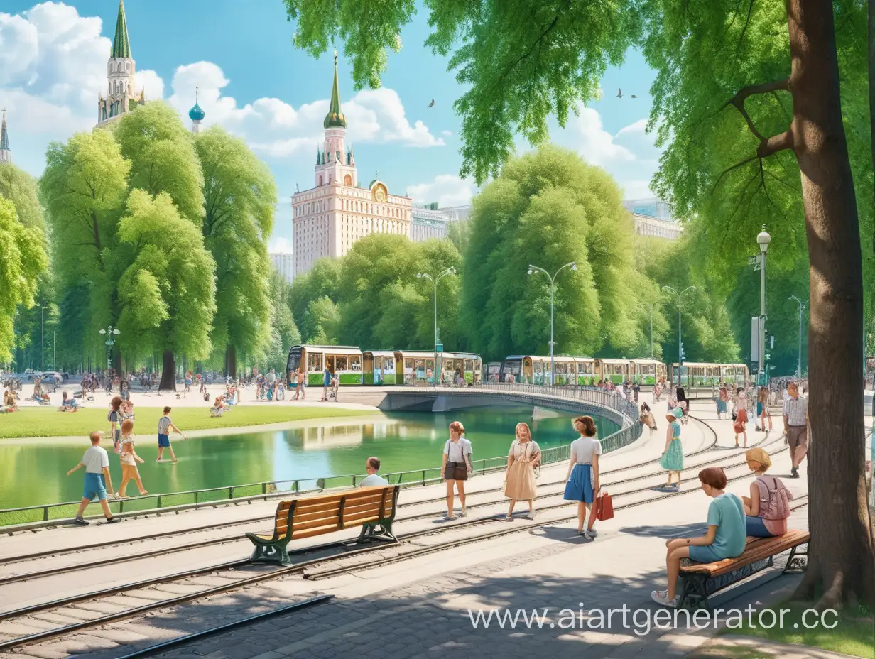 Москва, Патриаршие пруды, вид на парк, спереди скамейка, а на улице жаркое лето, вокруг ходят люди, а сзади видно трамвайные пути, так же видно сам пруд, а вокруг деревья действие происходит в 1950 в стиле аниме