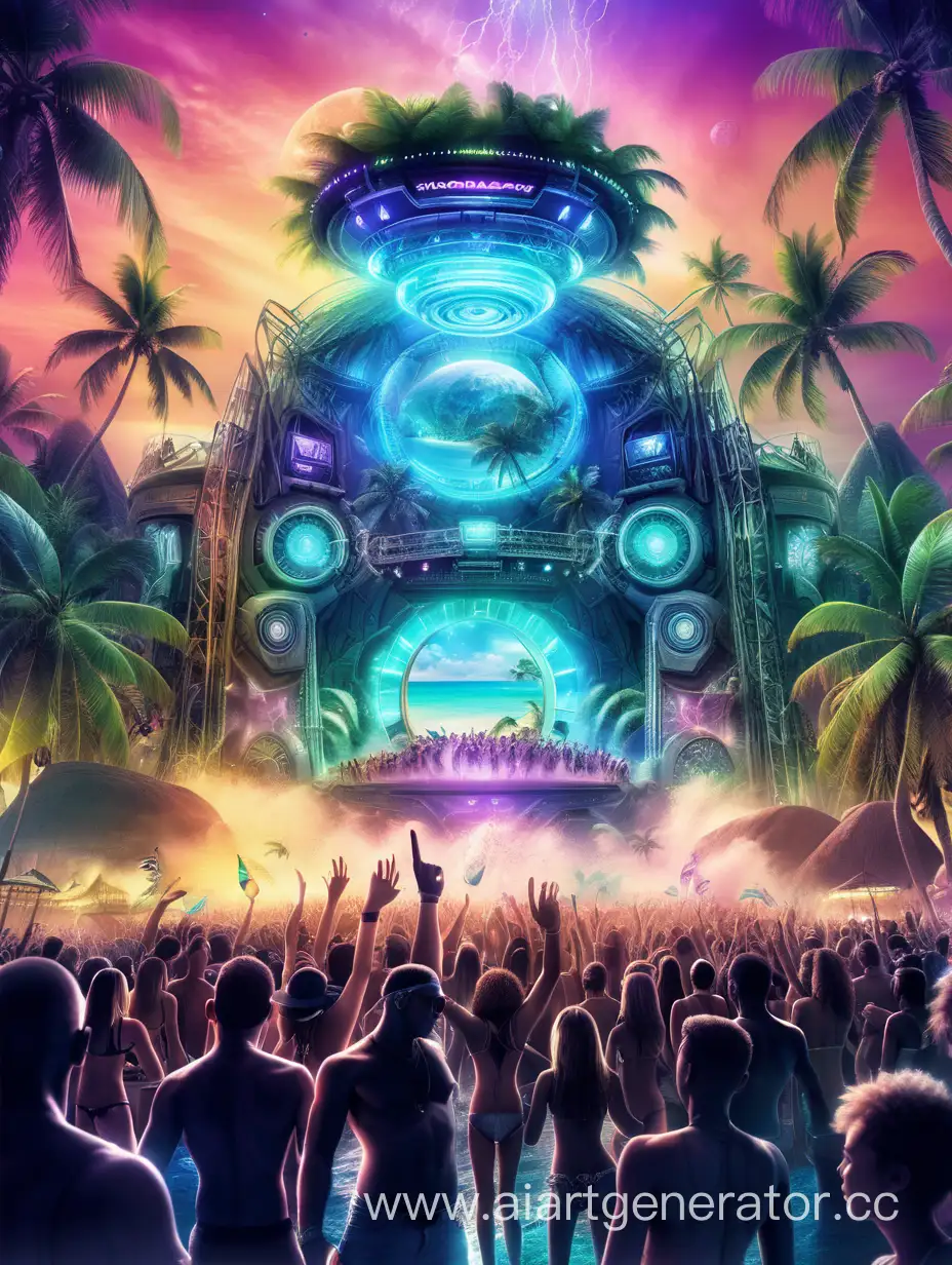 Create an electrifying flyer that transports your audience to an otherworldly rave experience by the sea. Combine the pulsating beats of jungle techno with the breathtaking beauty of an open-air beach party. Imagine a futuristic fusion of humans and aliens dancing together on a mesmerizing dance floor.