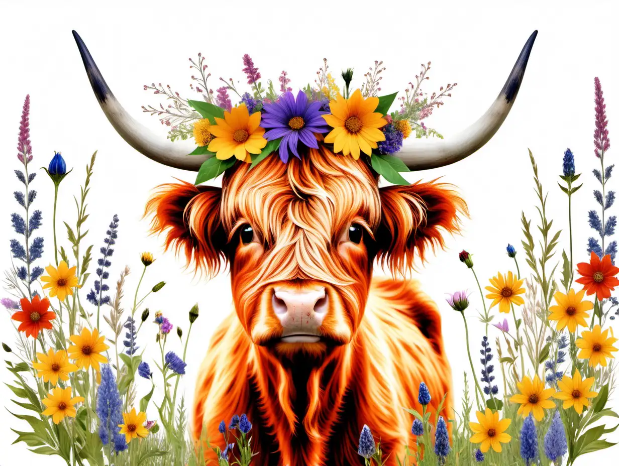 Enchanting Highland Cow with Vibrant Wildflower Crown