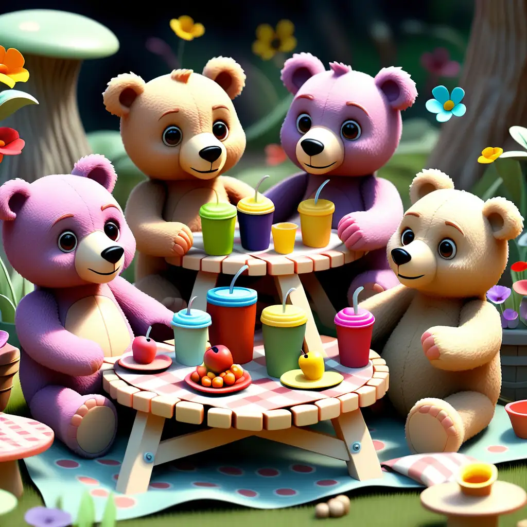 A collection of cute teddy bears having a picnic in a fairy garden using Pixar 3D style. Colors should be bright and vibrant. 