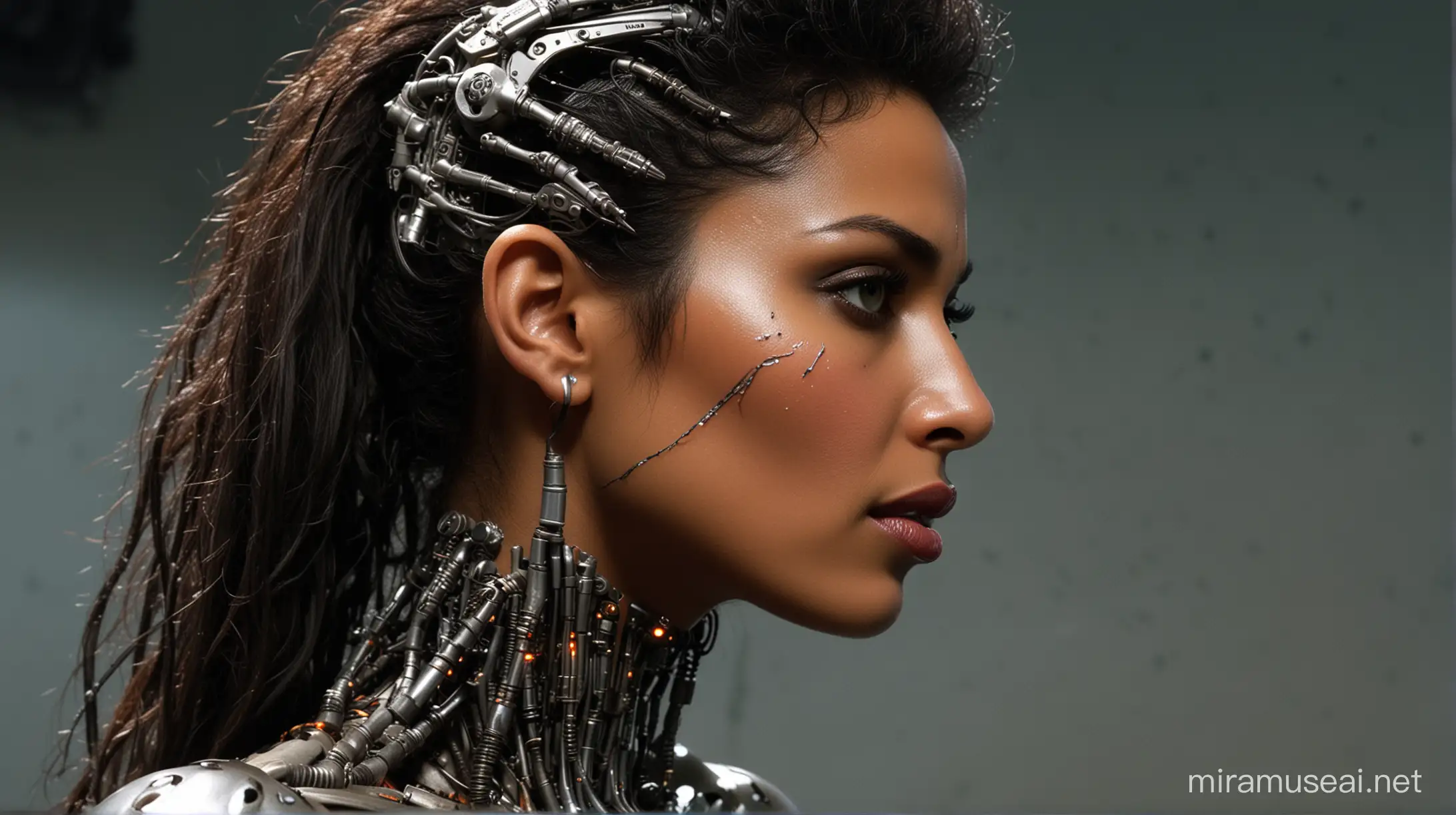 
A hyper realistic, photogenic, very young and fully naked cyborg Terminator Pam Grier in profile, with her lips closed, with half of her hyper detailed exo-skeleton and glowing cybernetic eye exposed, with bullet wounds and electrical sparks flying from the interior of her neon lit exoskeleton, looking at a fully robotic, cybernetic version of herself in a highly reflective green neon lit glass mirror.
