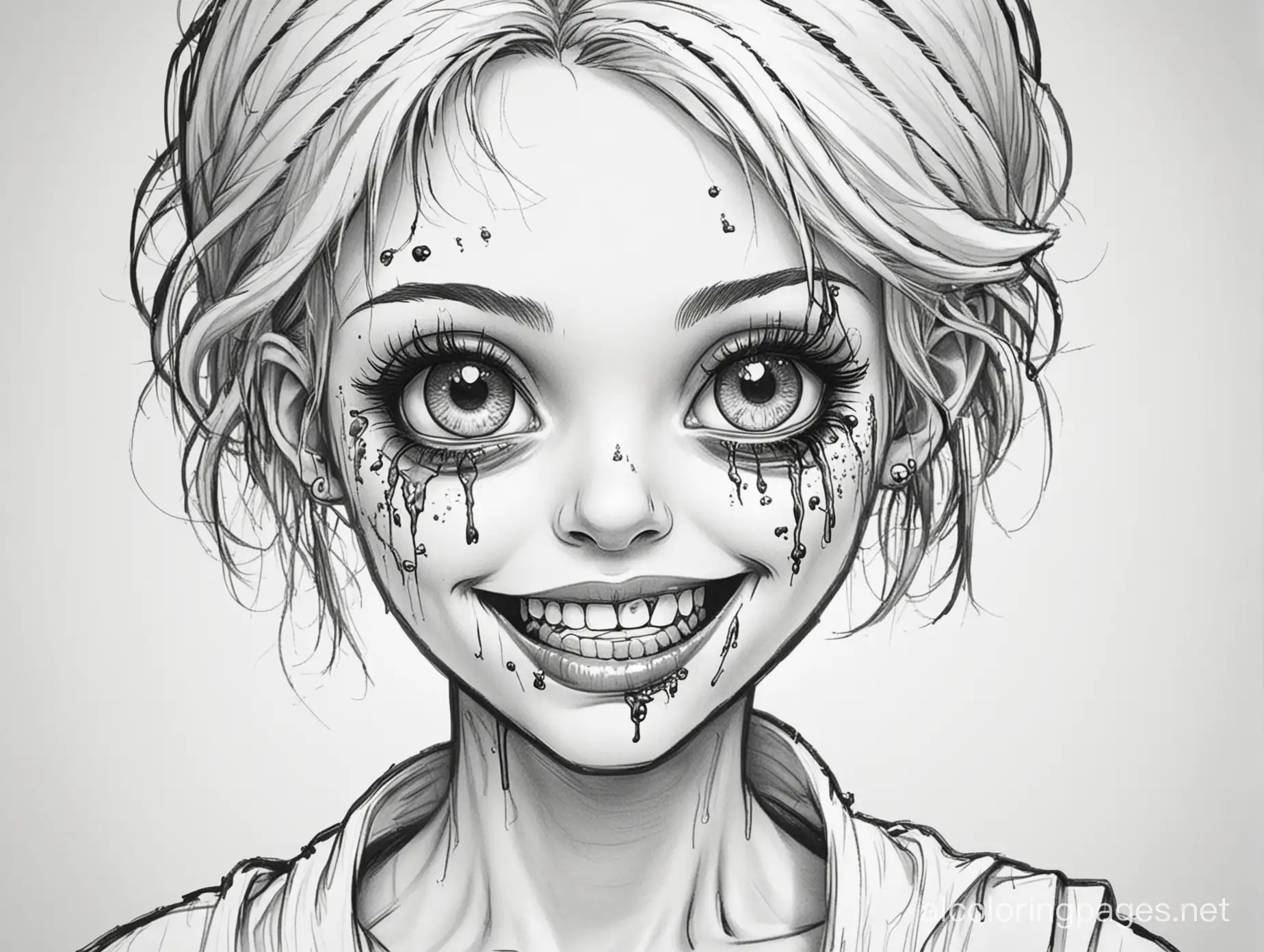 zombie with black eyes and a beautiful smile, Coloring Page, black and white, line art, white background, Simplicity, Ample White Space. The background of the coloring page is plain white to make it easy for young children to color within the lines. The outlines of all the subjects are easy to distinguish, making it simple for kids to color without too much difficulty