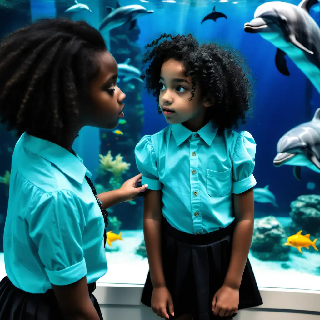 young girl,black girl,blue curly hair,wearing a turqoise shirt,black skirt,staring at aquarium dolphin in the water, staring back at girl locking eyes through glass