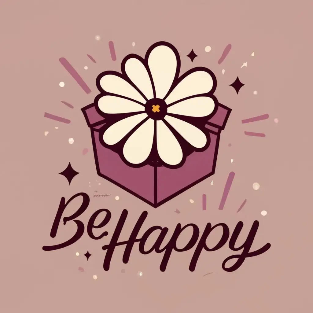 logo, a flower coming out of a gift box, with the text "Be Happy", typography, be used in Events industry