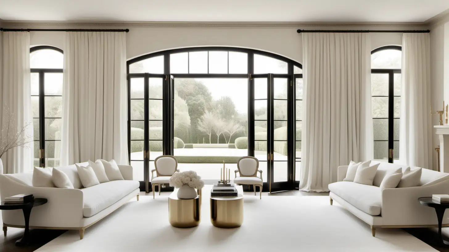 imagine a modern minimalist French chateau-inspired large home; walls in ivory; blonde oak; brass; simplicity; large modern window with linen curtains; black accents;